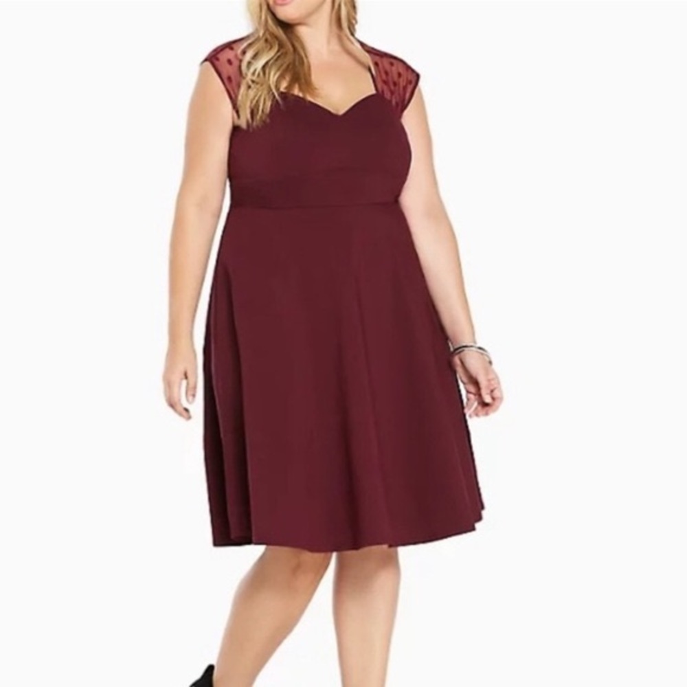 Torrid Burgundy Dress w/ polka dot mesh cap sleeves